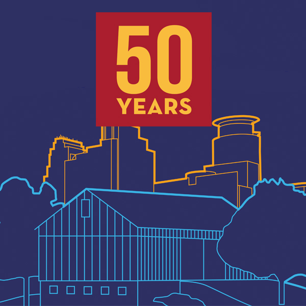 CURA50 icon- "50 Years" laid over a dark blue drawing with building outlines